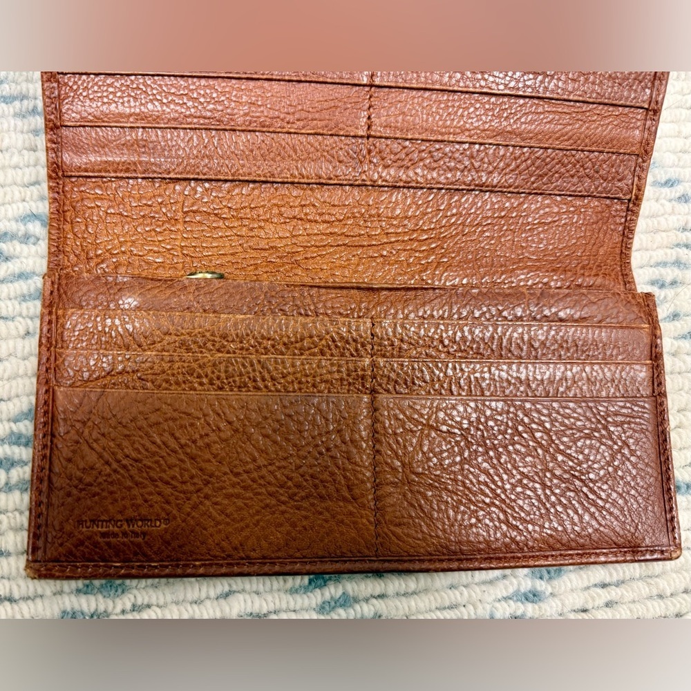 HUNTING WORLD Vintage Unisex Brown Pebbled Logo Embossed Bifold Wallet Italy - Picture 12 of 16